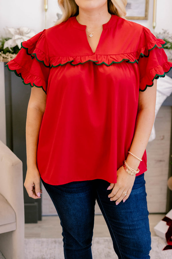 Chic Soul plus size clothing, crimson red short flutter sleeve top with green trim along layered flutter sleeve