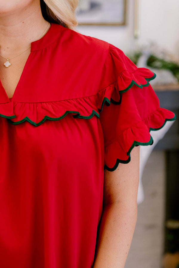 Chic Soul plus size clothing, crimson red short flutter sleeve top with green trim along layered flutter sleeve