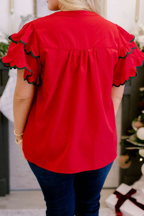 Chic Soul plus size clothing, crimson red short flutter sleeve top with green trim along layered flutter sleeve