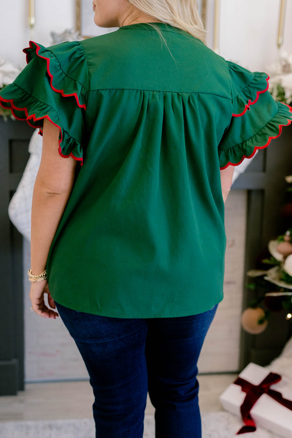 Chic Soul plus size clothing, dark green short flutter sleeve top with red scalloped trim along layered flutter sleeve