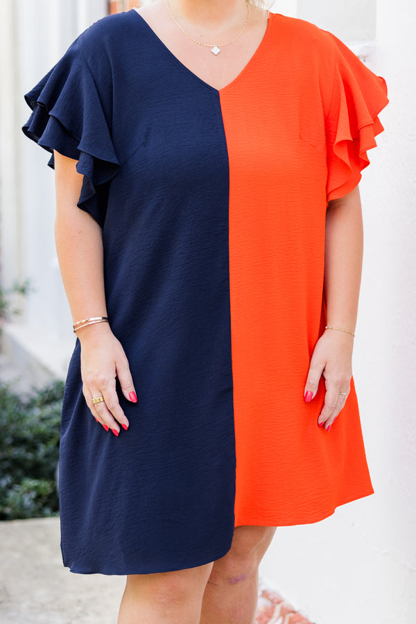 Chic Soul plus size clothing, short-flutter-sleeve dress with asymmetrical pattern splitting one side navy blue and one side orange with v-neckline 