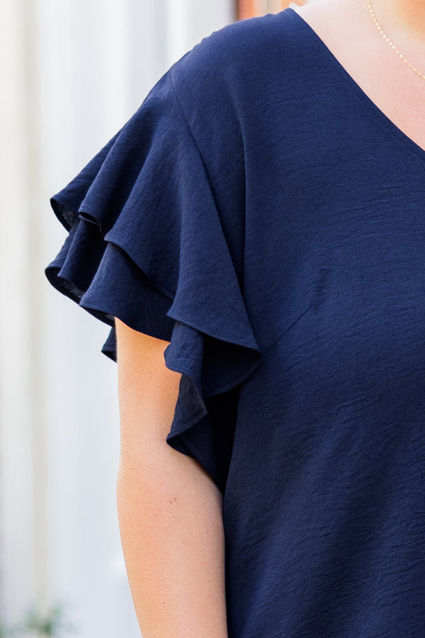 Chic Soul plus size clothing, short-flutter-sleeve dress with asymmetrical pattern splitting one side navy blue and one side orange with v-neckline 