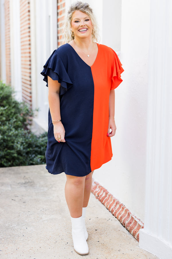 Chic Soul plus size clothing, short-flutter-sleeve dress with asymmetrical pattern splitting one side navy blue and one side orange with v-neckline 