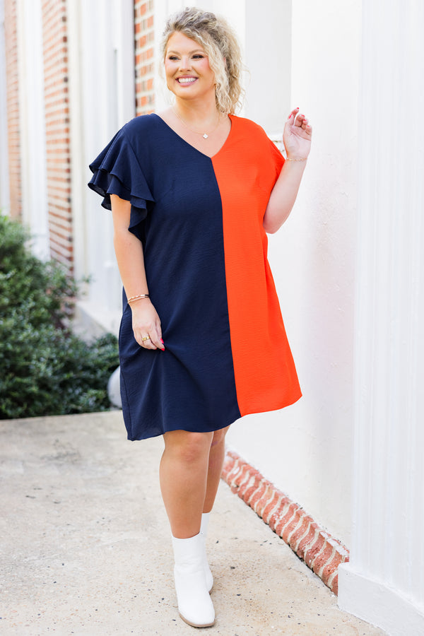 Chic Soul plus size clothing, short-flutter-sleeve dress with asymmetrical pattern splitting one side navy blue and one side orange with v-neckline 
