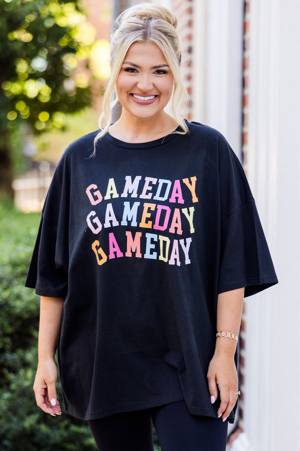 Chic Soul plus size clothing, black short-sleeve tee with multi-colored graphic stating 
