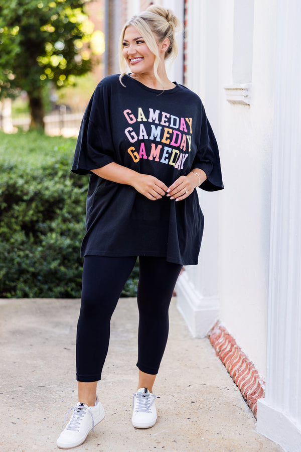 Chic Soul plus size clothing, black short-sleeve tee with multi-colored graphic stating 