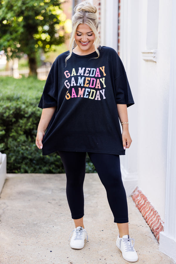 Chic Soul plus size clothing, black short-sleeve tee with multi-colored graphic stating 