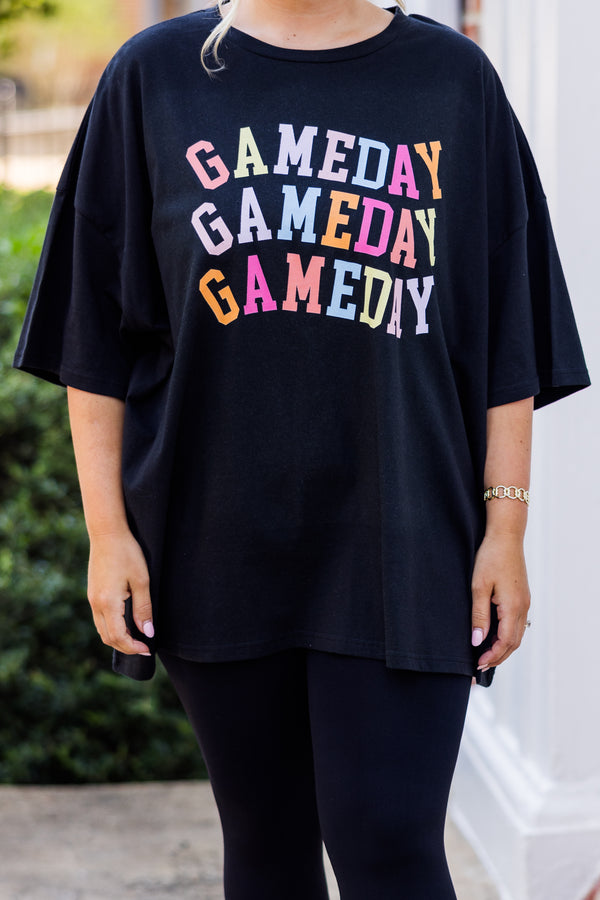 Chic Soul plus size clothing, black short-sleeve tee with multi-colored graphic stating 
