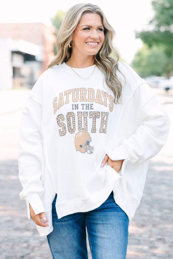 Plus Size ivory crew neck sweatshirt with a Saturdays in the South football graphic 