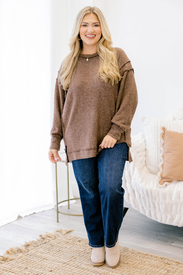Chic Soul plus size clothing, brow long sleeve casual crewneck sweater