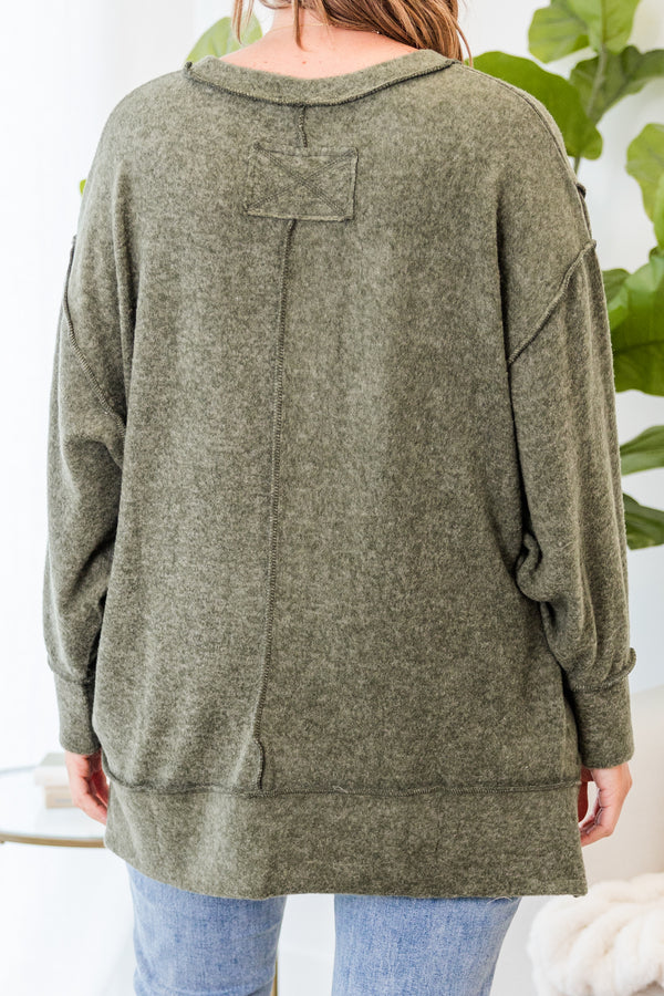 Chic Soul plus size clothing, dark olive long sleeve soft sweater top with outer stitching detail