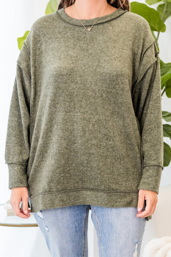 Chic Soul plus size clothing, dark olive long sleeve soft sweater top with outer stitching detail