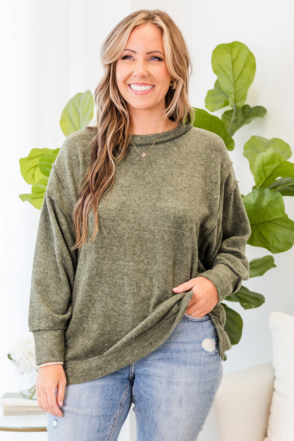 Chic Soul plus size clothing, dark olive long sleeve soft sweater top with outer stitching detail