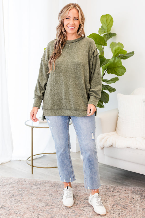 Chic Soul plus size clothing, dark olive long sleeve soft sweater top with outer stitching detail