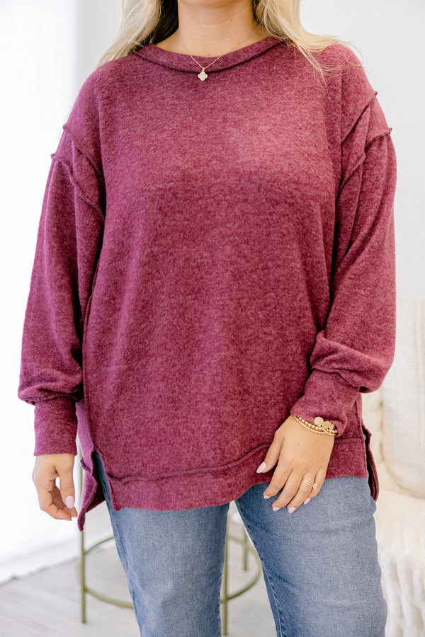 Chic Soul plus size clothing, wine red long sleeve relaxed fit sweater