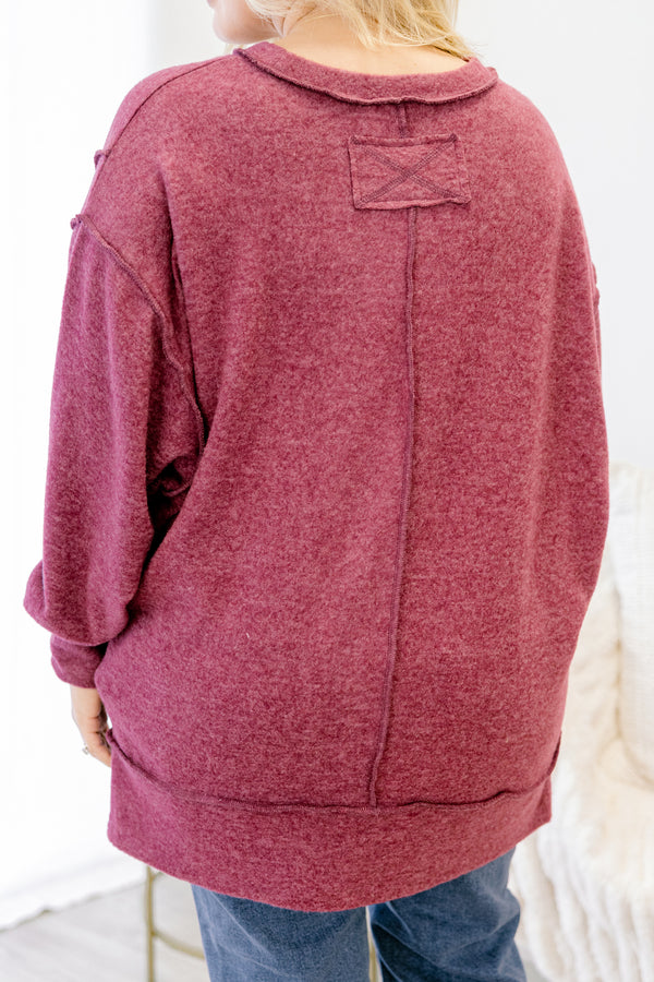 Chic Soul plus size clothing, wine red long sleeve relaxed fit sweater