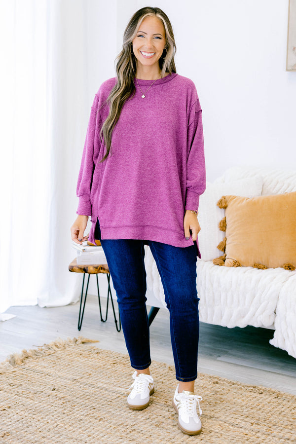 Chic Soul plus size clothing, light plum long sleeve crewneck sweater top
