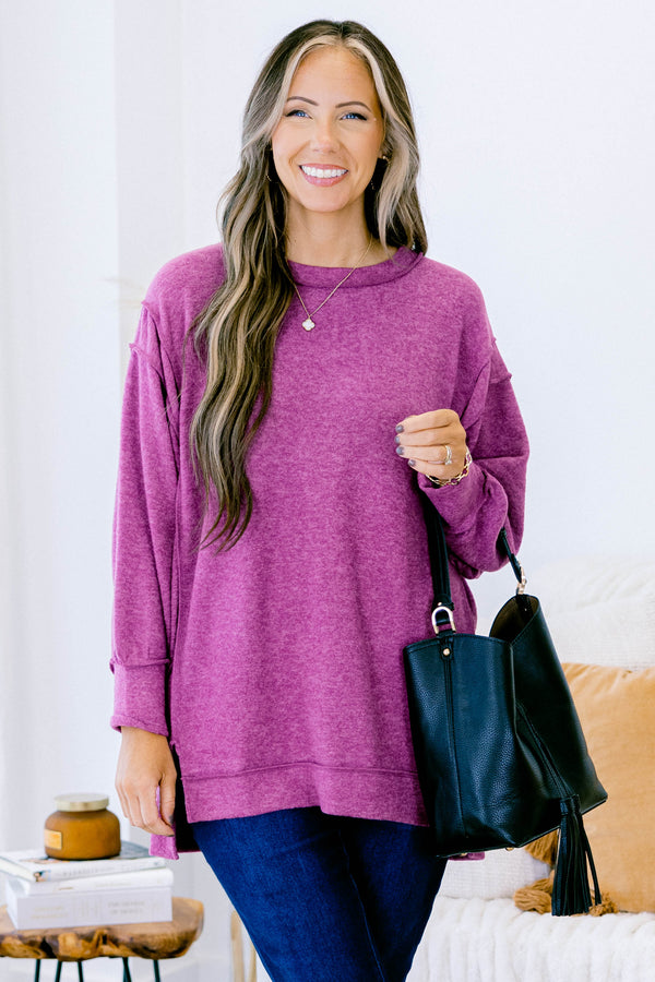Chic Soul plus size clothing, light plum long sleeve crewneck sweater top