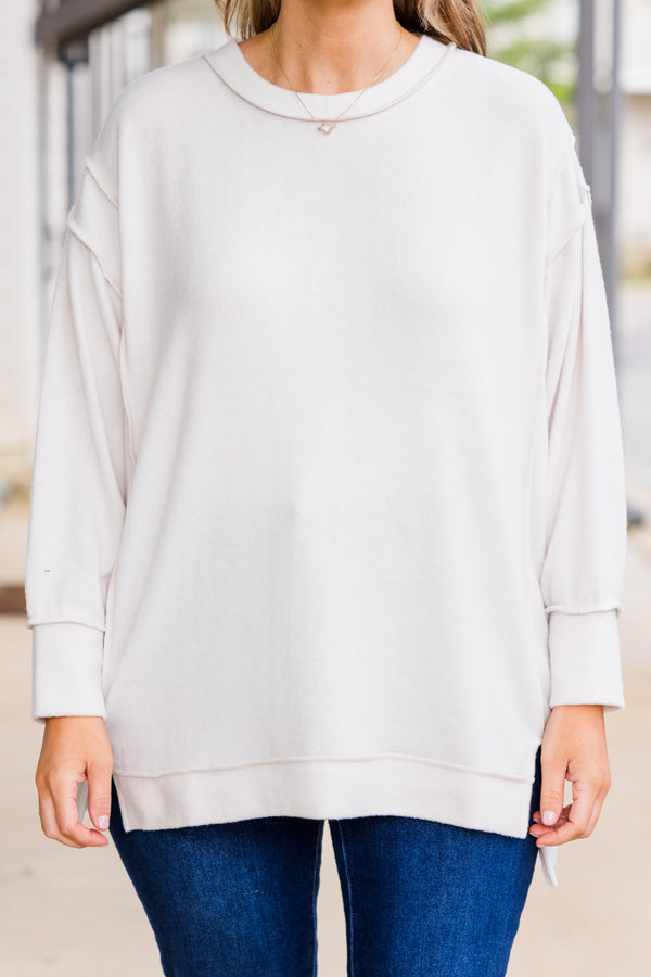 Chic Soul plus size clothing, long-sleeve sand beige sweater with high-scoop-neckline and distressed stitching