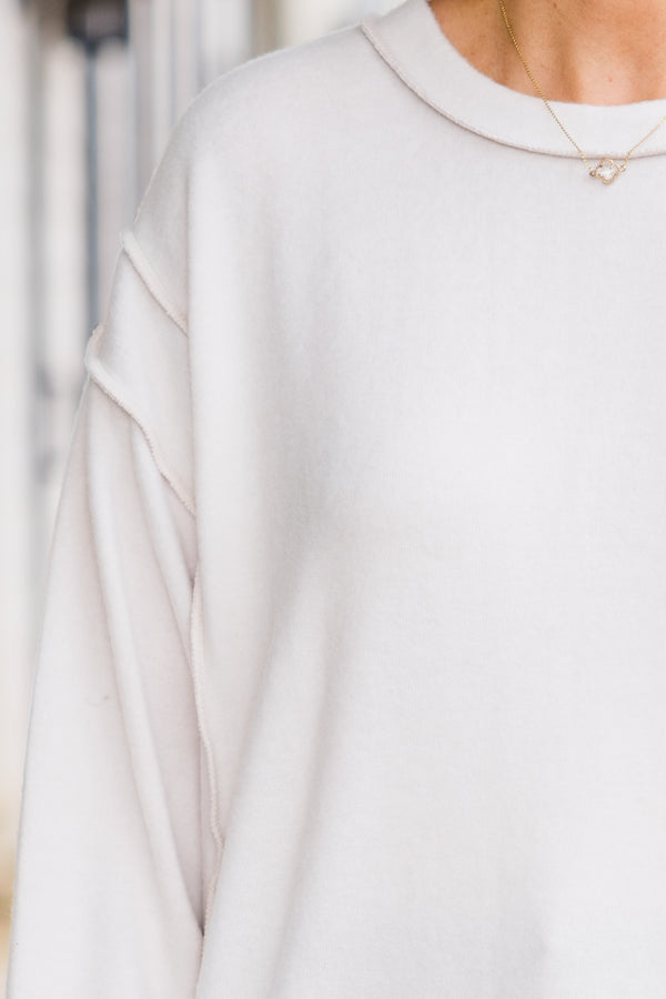 Chic Soul plus size clothing, long-sleeve sand beige sweater with high-scoop-neckline and distressed stitching