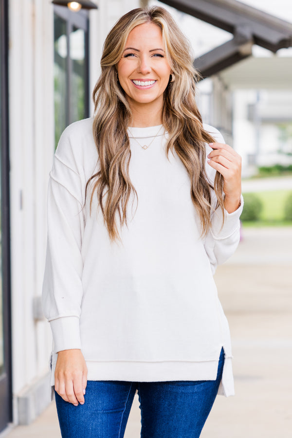 Chic Soul plus size clothing, long-sleeve sand beige sweater with high-scoop-neckline and distressed stitching