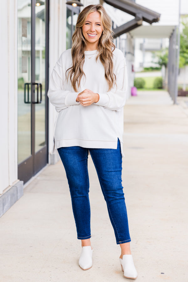Chic Soul plus size clothing, long-sleeve sand beige sweater with high-scoop-neckline and distressed stitching