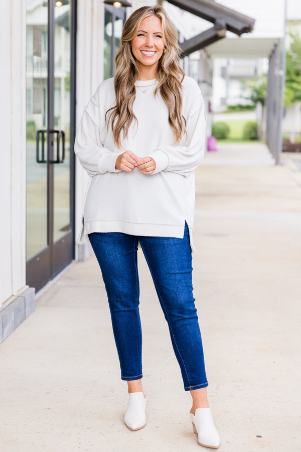 Chic Soul plus size clothing, long-sleeve sand beige sweater with high-scoop-neckline and distressed stitching