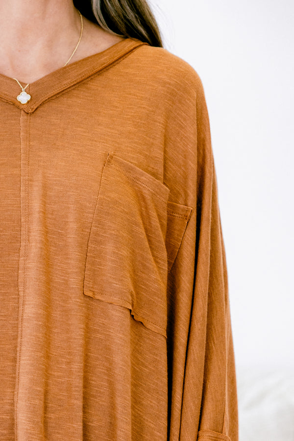 Chic Soul plus size clothing, light brown long sleeve flowy top with front pocket on left side of the chest 