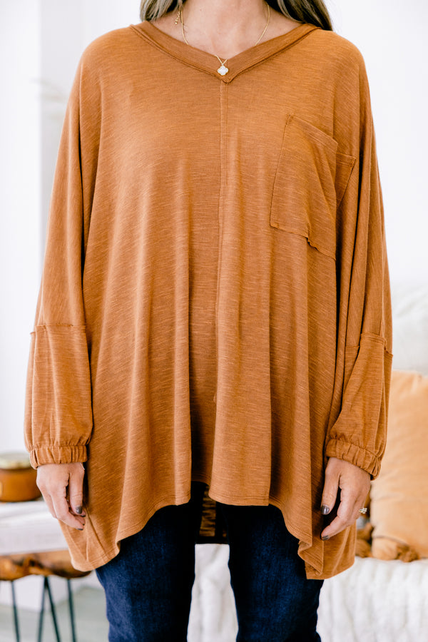 Chic Soul plus size clothing, light brown long sleeve flowy top with front pocket on left side of the chest 