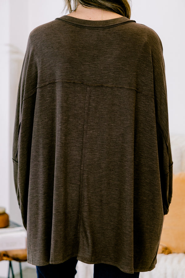 Chic Soul plus size clothing, brown relaxed fit v-neck long sleeve top with front pocket