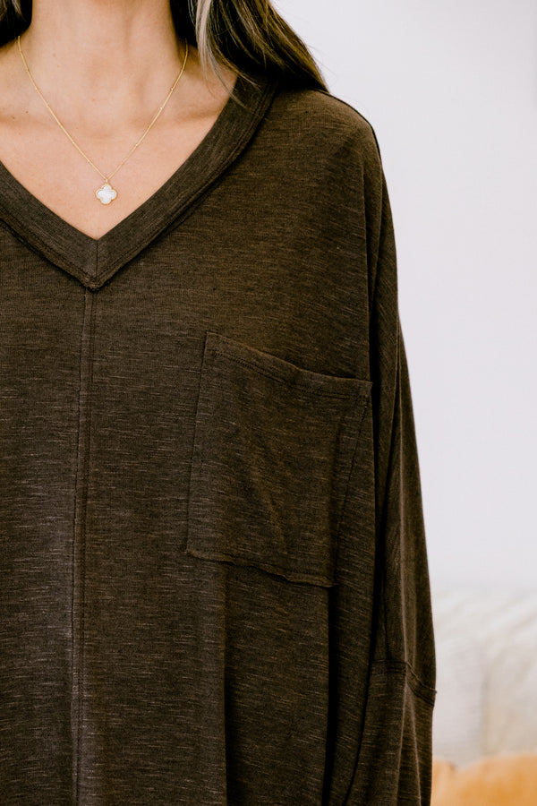 Chic Soul plus size clothing, brown relaxed fit v-neck long sleeve top with front pocket