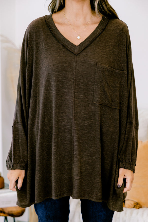 Chic Soul plus size clothing, brown relaxed fit v-neck long sleeve top with front pocket