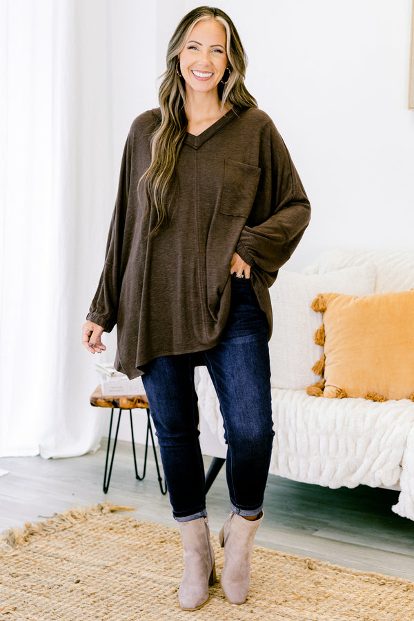 Chic Soul plus size clothing, brown relaxed fit v-neck long sleeve top with front pocket