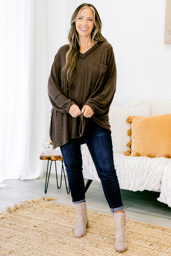 Chic Soul plus size clothing, brown relaxed fit v-neck long sleeve top with front pocket
