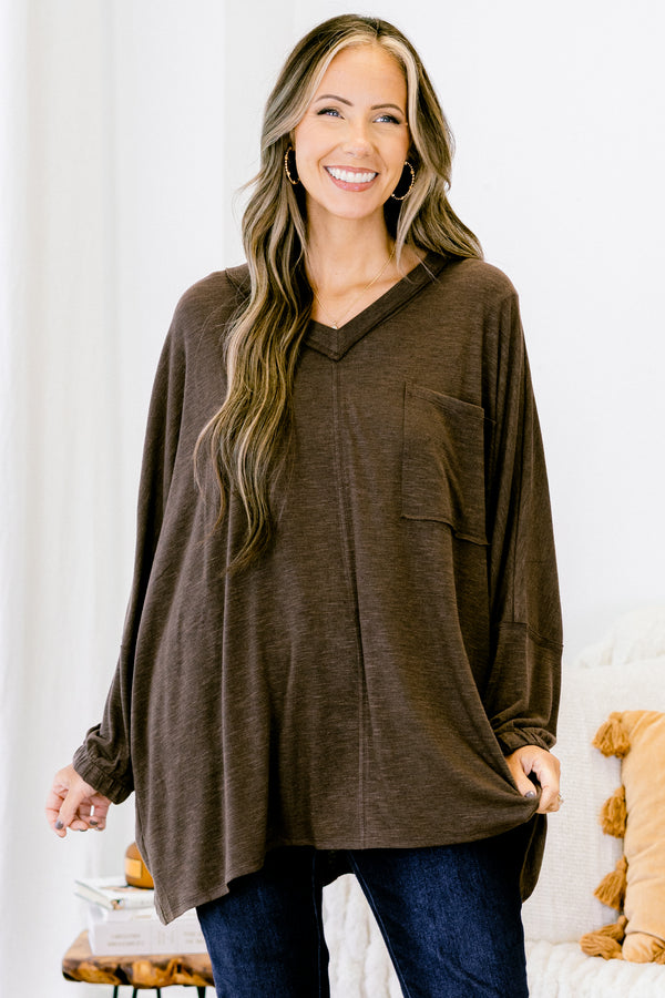 Chic Soul plus size clothing, brown relaxed fit v-neck long sleeve top with front pocket