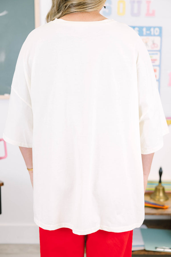 Plus size ivory oversized boyfriend tee with colorful school-themed graphics.