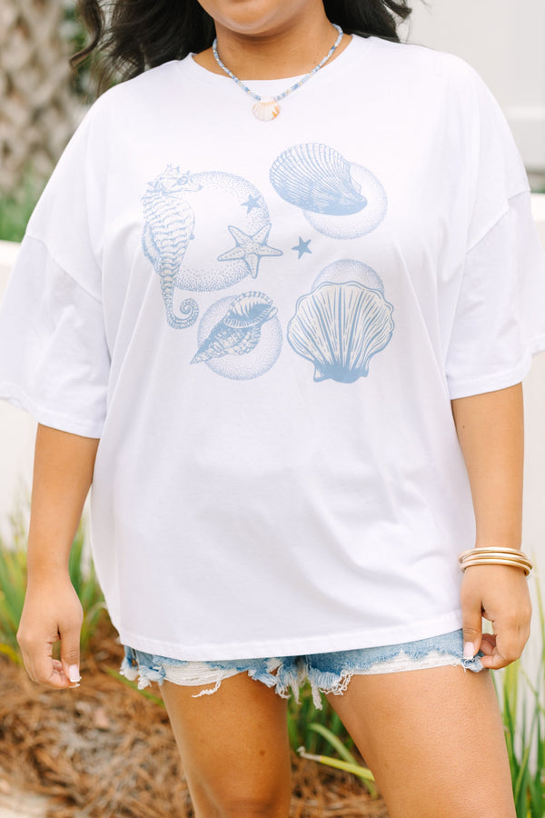 Chic Soul plus size clothing, white boyfriend tee with light blue seashell graphics