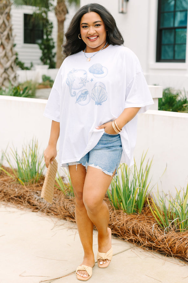Chic Soul plus size clothing, white boyfriend tee with light blue seashell graphics