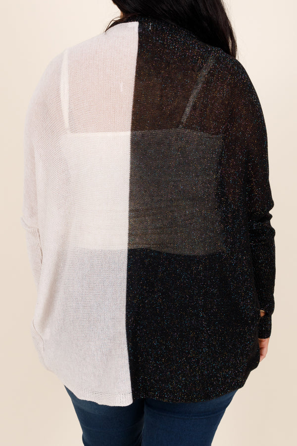 Chic Soul plus size clothing, colorblock black and pearl sweater with shimmer detailing
