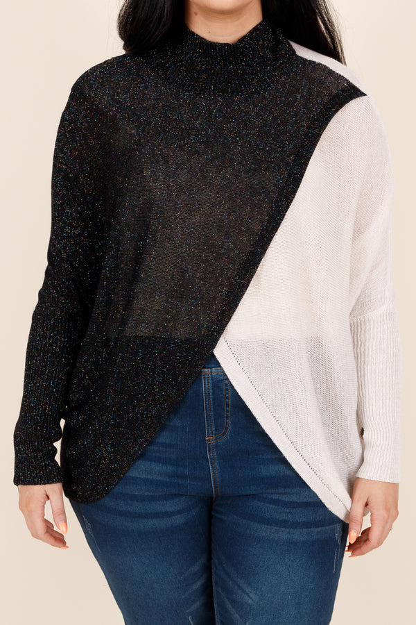 Chic Soul plus size clothing, colorblock black and pearl sweater with shimmer detailing