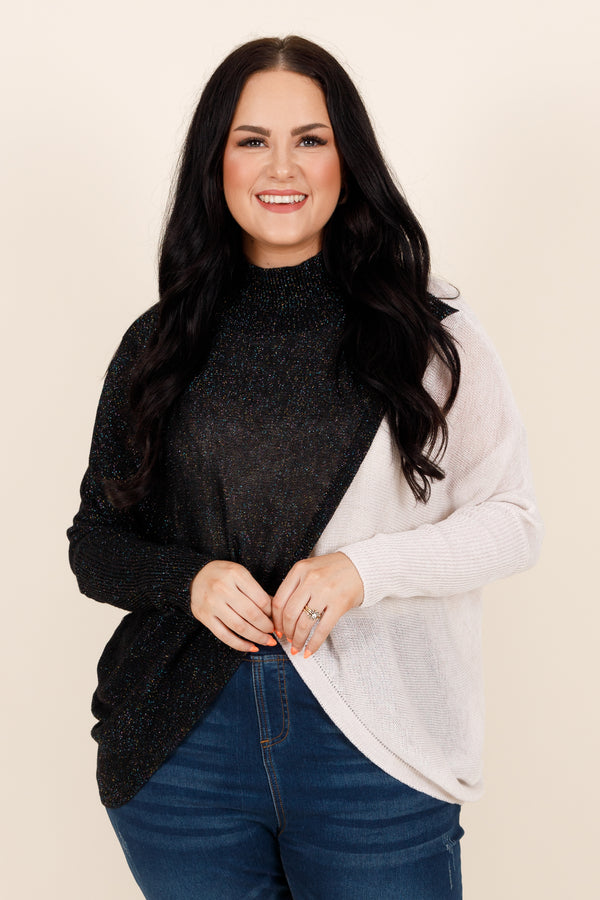 Chic Soul plus size clothing, colorblock black and pearl sweater with shimmer detailing