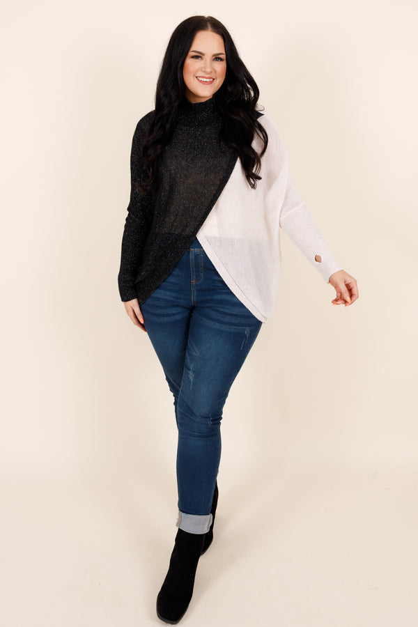 Chic Soul plus size clothing, colorblock black and pearl sweater with shimmer detailing