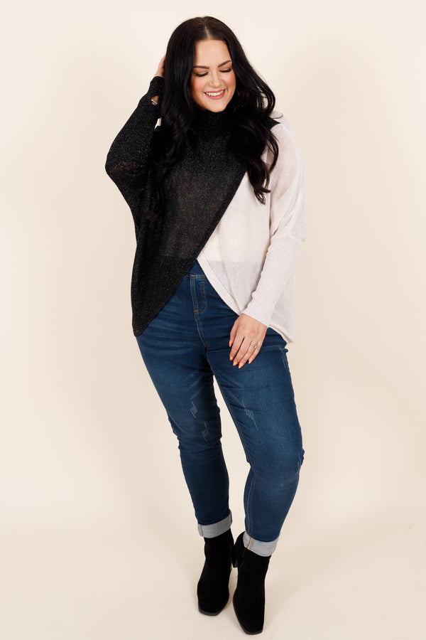 Chic Soul plus size clothing, colorblock black and pearl sweater with shimmer detailing