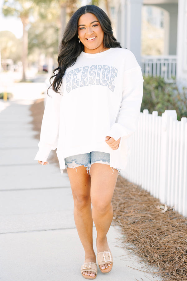Chic Soul plus size clothing, long sleeve white crew neck with the word 