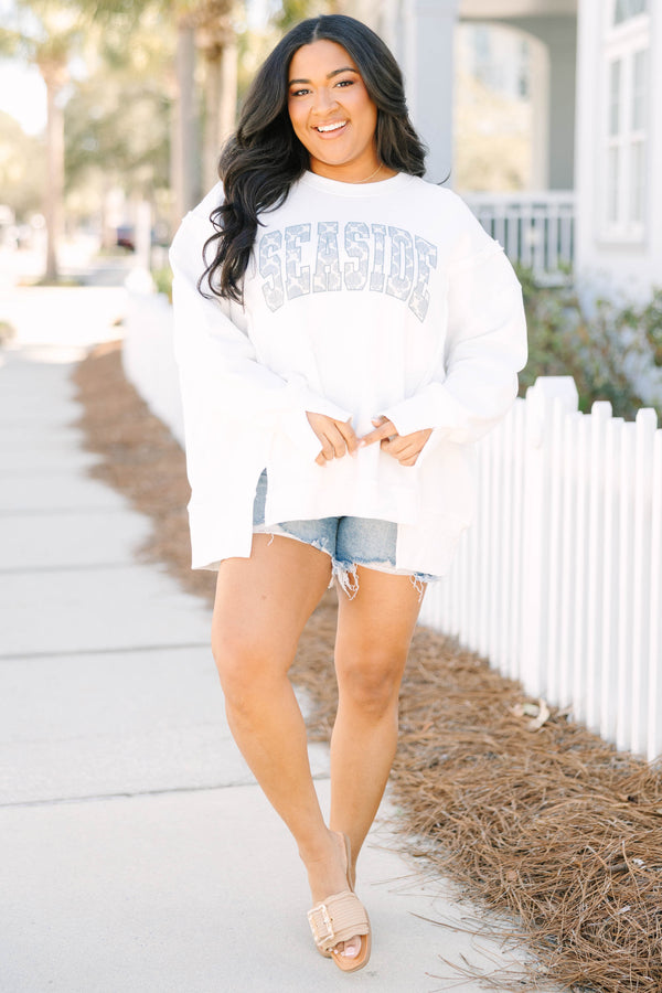 Chic Soul plus size clothing, long sleeve white crew neck with the word 