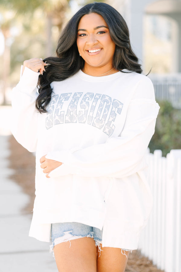 Chic Soul plus size clothing, long sleeve white crew neck with the word 