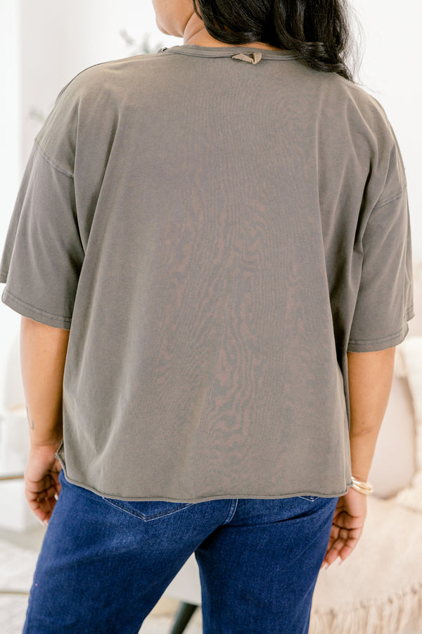 Chic Soul plus size clothing, charcoal grey slightly cropped tee with 