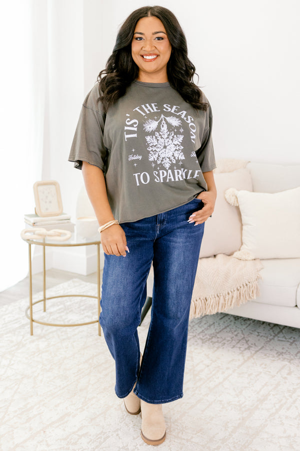 Chic Soul plus size clothing, charcoal grey slightly cropped tee with 