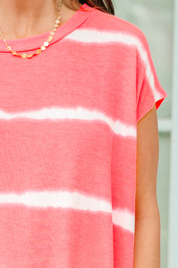 Chic Soul plus size clothing, neon pink white striped short sleeve casual top