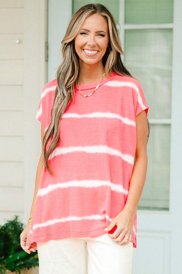 Chic Soul plus size clothing, neon pink white striped short sleeve casual top